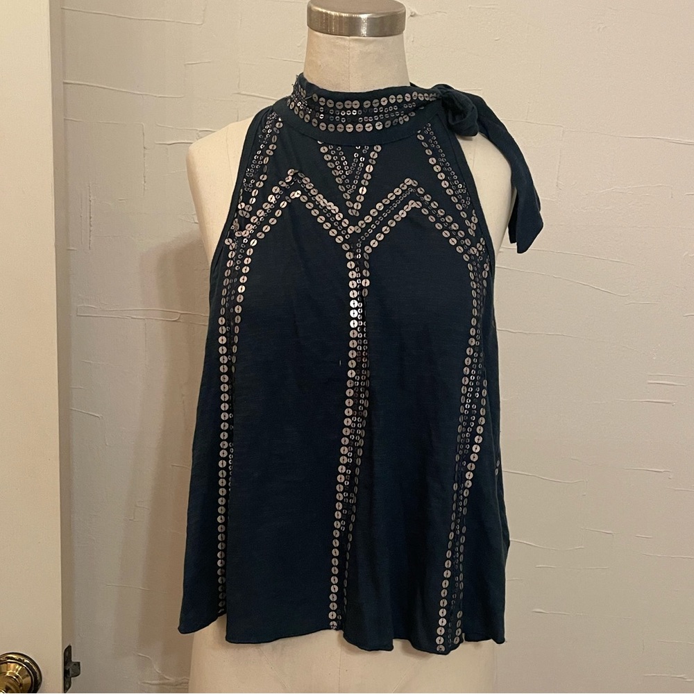 Free People Navy Sequin Blouse